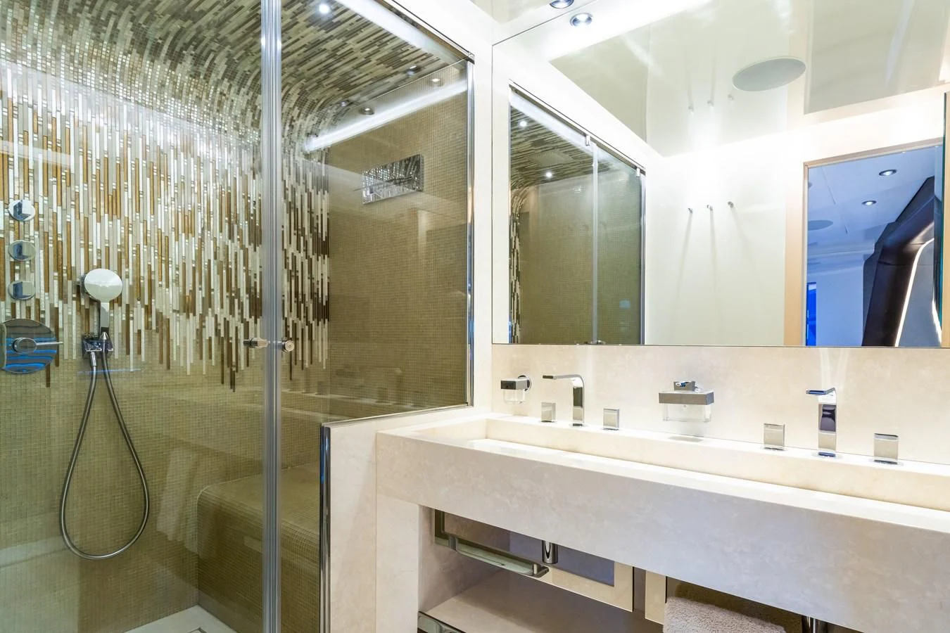 a bathroom with a large mirror aboard MAXIMUS Yacht for Sale