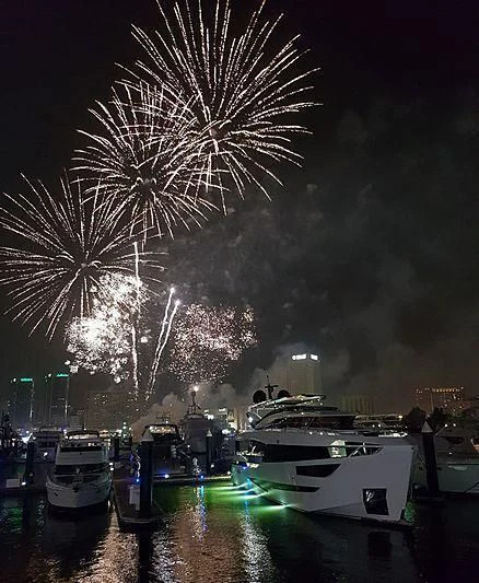 fireworks over a body of water aboard MAXIMUS Yacht for Sale