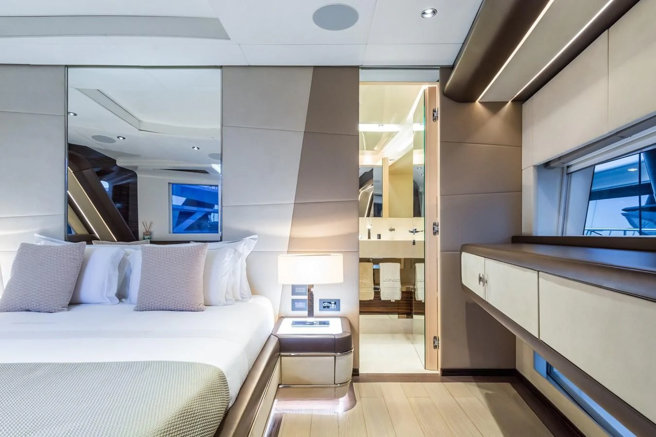 a room with a bed and a desk aboard MAXIMUS Yacht for Sale
