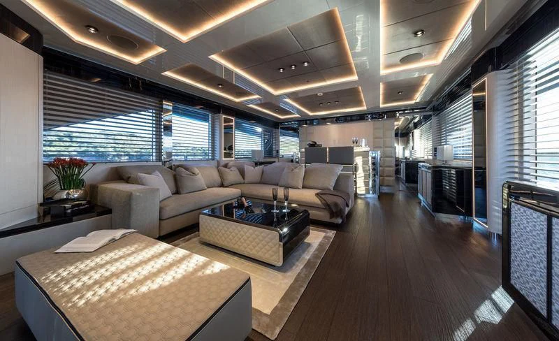 a living room with a large window aboard MAXIMUS Yacht for Sale