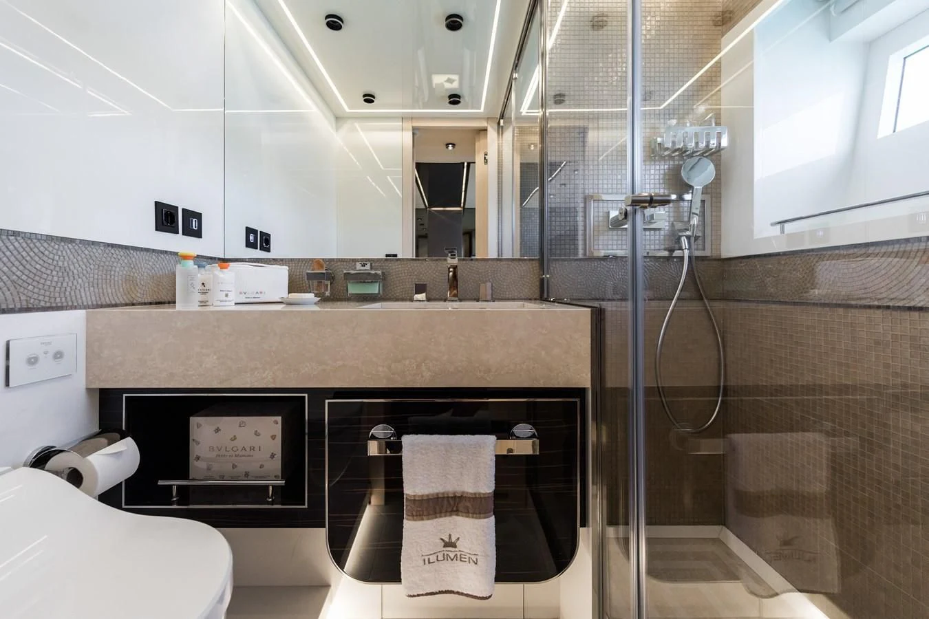 a bathroom with a shower and sink aboard MAXIMUS Yacht for Sale