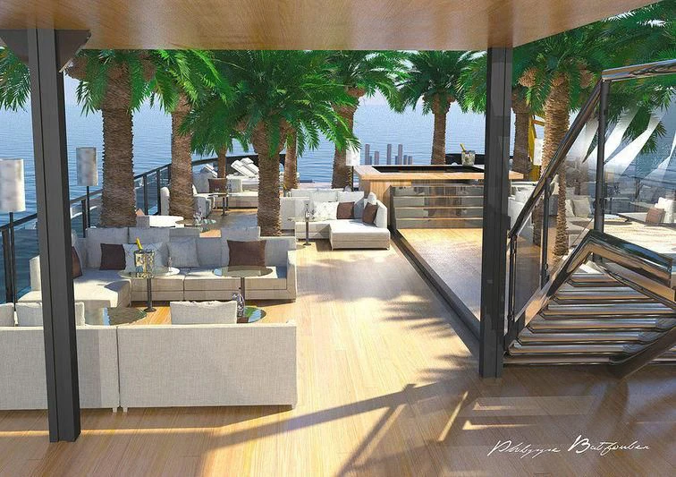 a lounge area with a deck and chairs and trees aboard AFTHONIA V Yacht for Sale