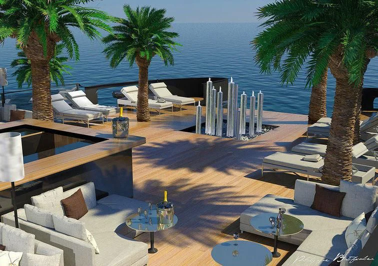 a patio with a pool and trees aboard AFTHONIA V Yacht for Sale