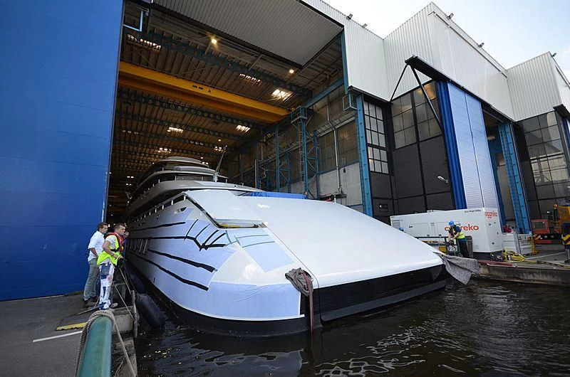 a large white boat docked aboard 818 Yacht for Sale
