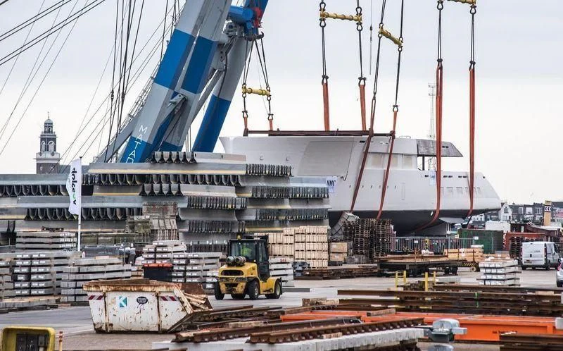 a large ship docked aboard 818 Yacht for Sale