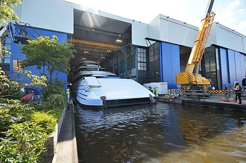 a boat is parked in a flooded area aboard 818 Yacht for Sale