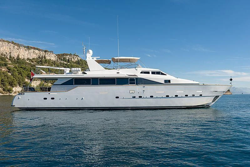 a white yacht in the water aboard MOONRAKER II Yacht for Sale