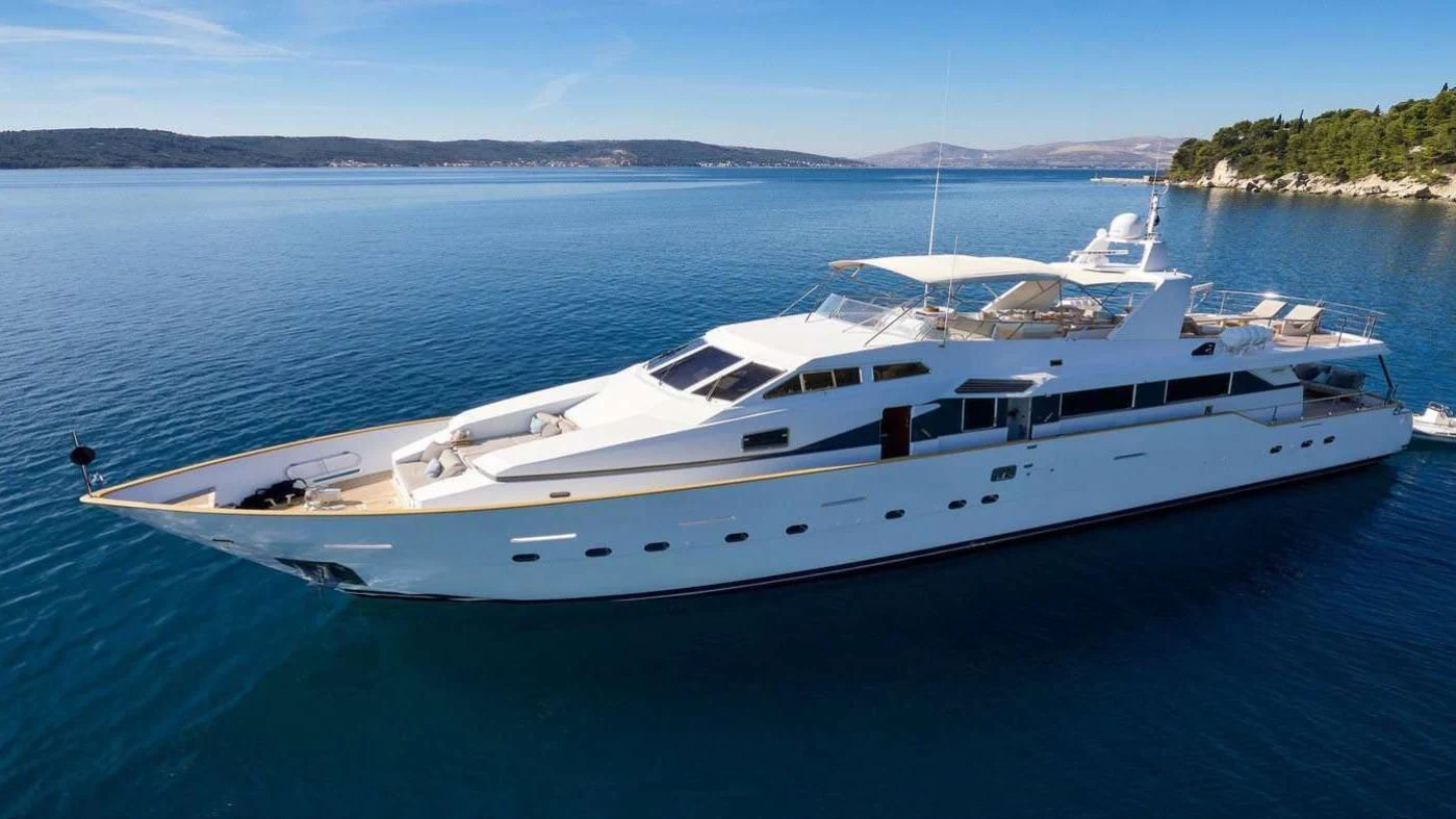 a white yacht in the water aboard MOONRAKER II Yacht for Sale