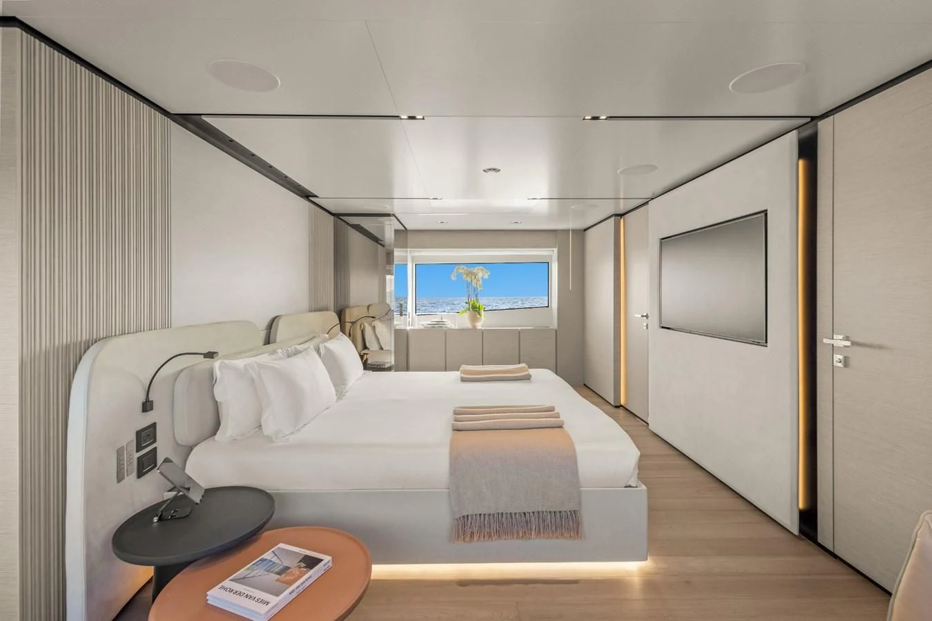 a bed in a room aboard FAMILIA Yacht for Sale