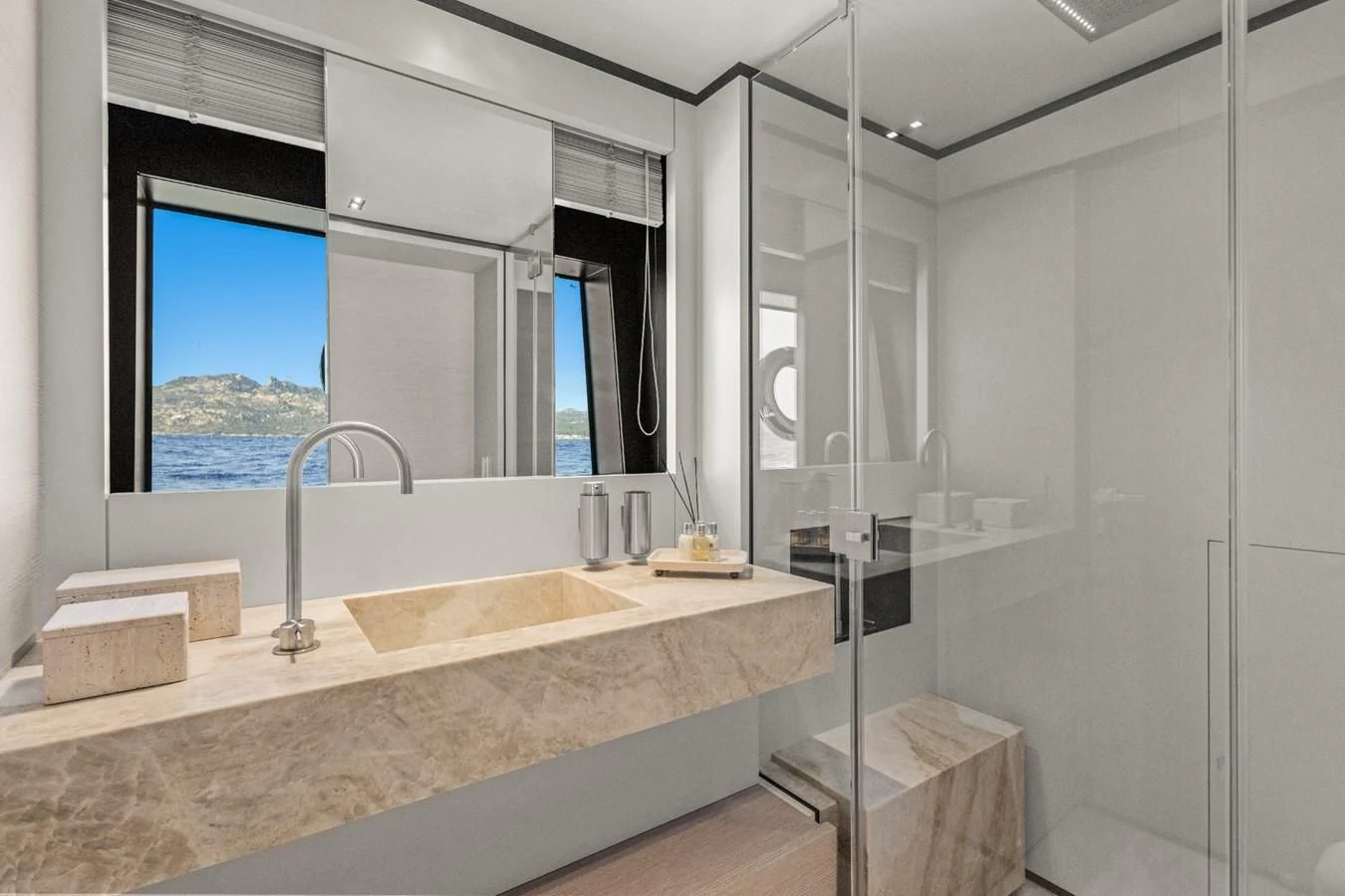 a bathroom with a large window aboard FAMILIA Yacht for Sale