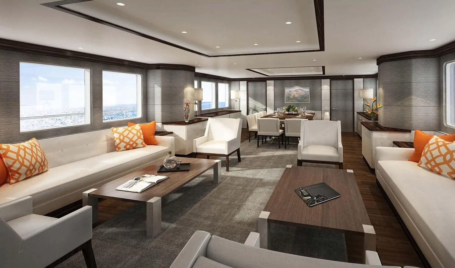 a living room with a couch and a coffee table aboard GOLDEN ORCHID Yacht for Sale