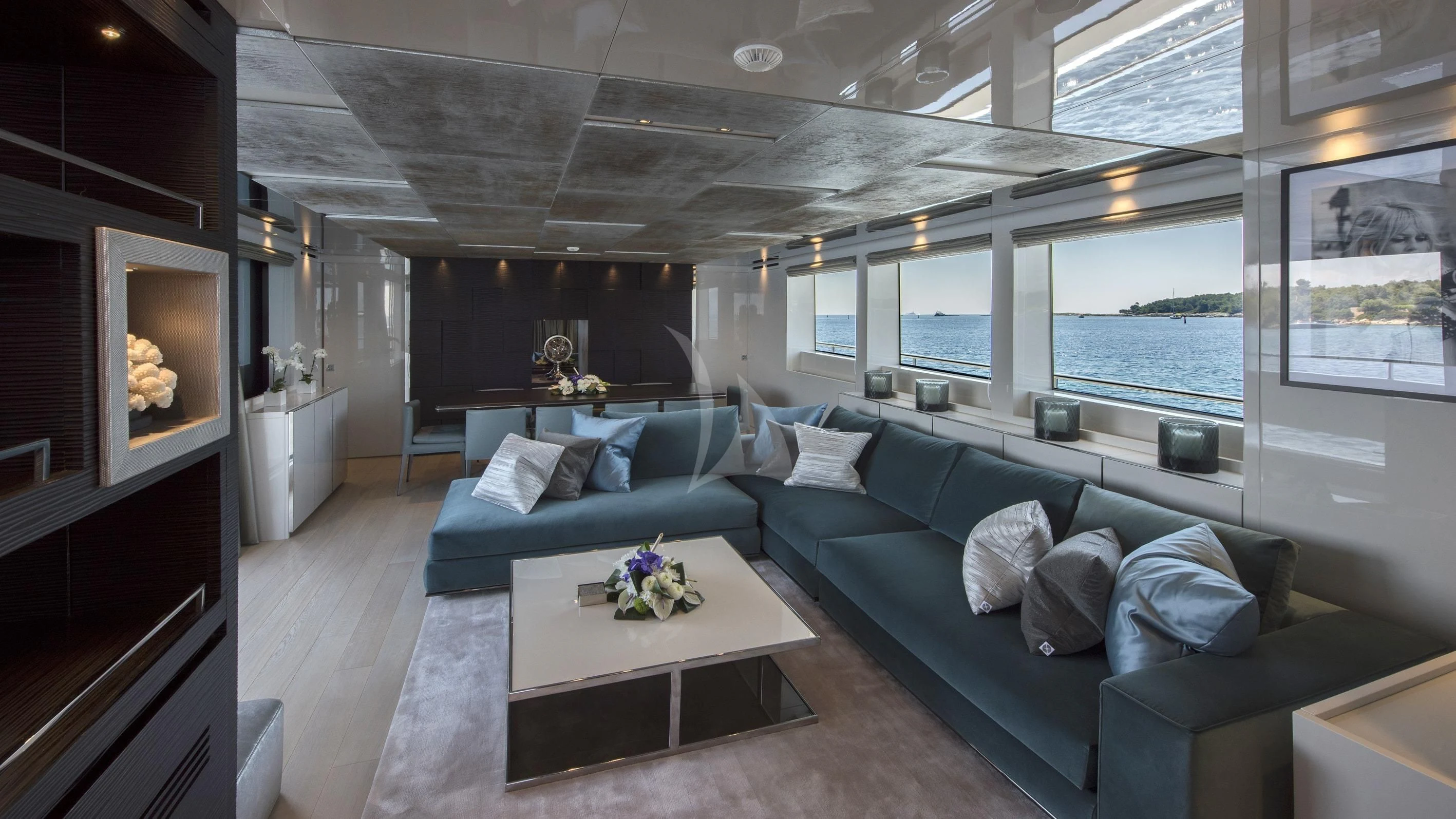 a living room with a large window aboard DE ZEUS Yacht for Sale