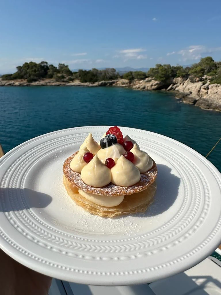 a plate of dessert on a boat aboard DE ZEUS Yacht for Sale