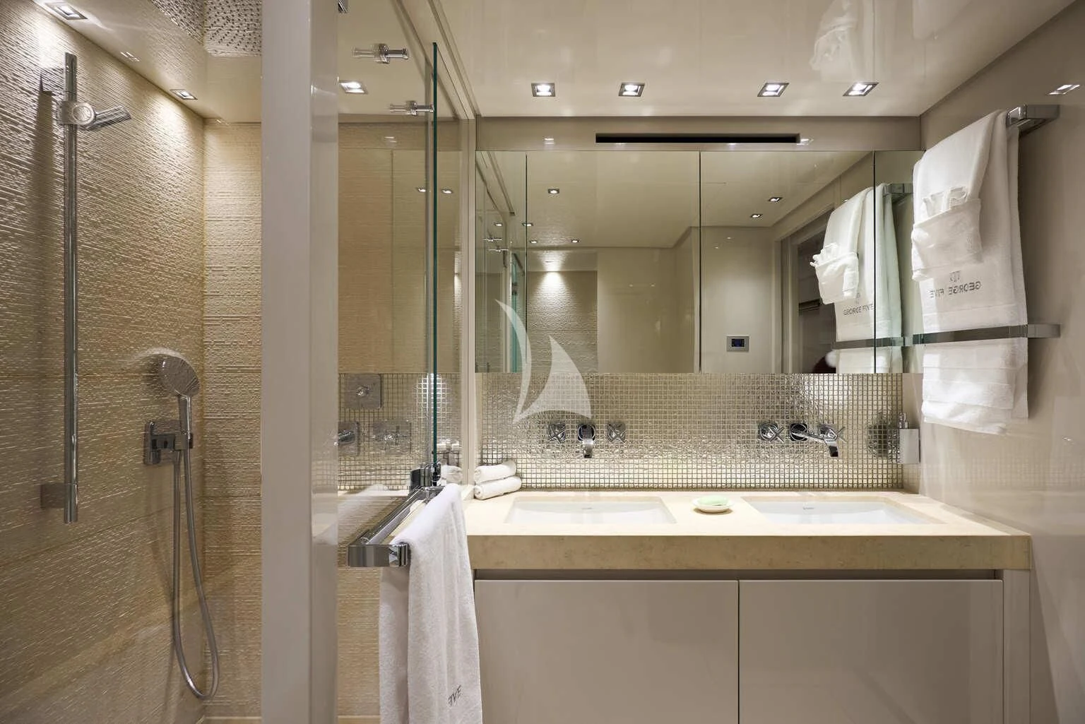 a bathroom with a large mirror aboard DE ZEUS Yacht for Sale