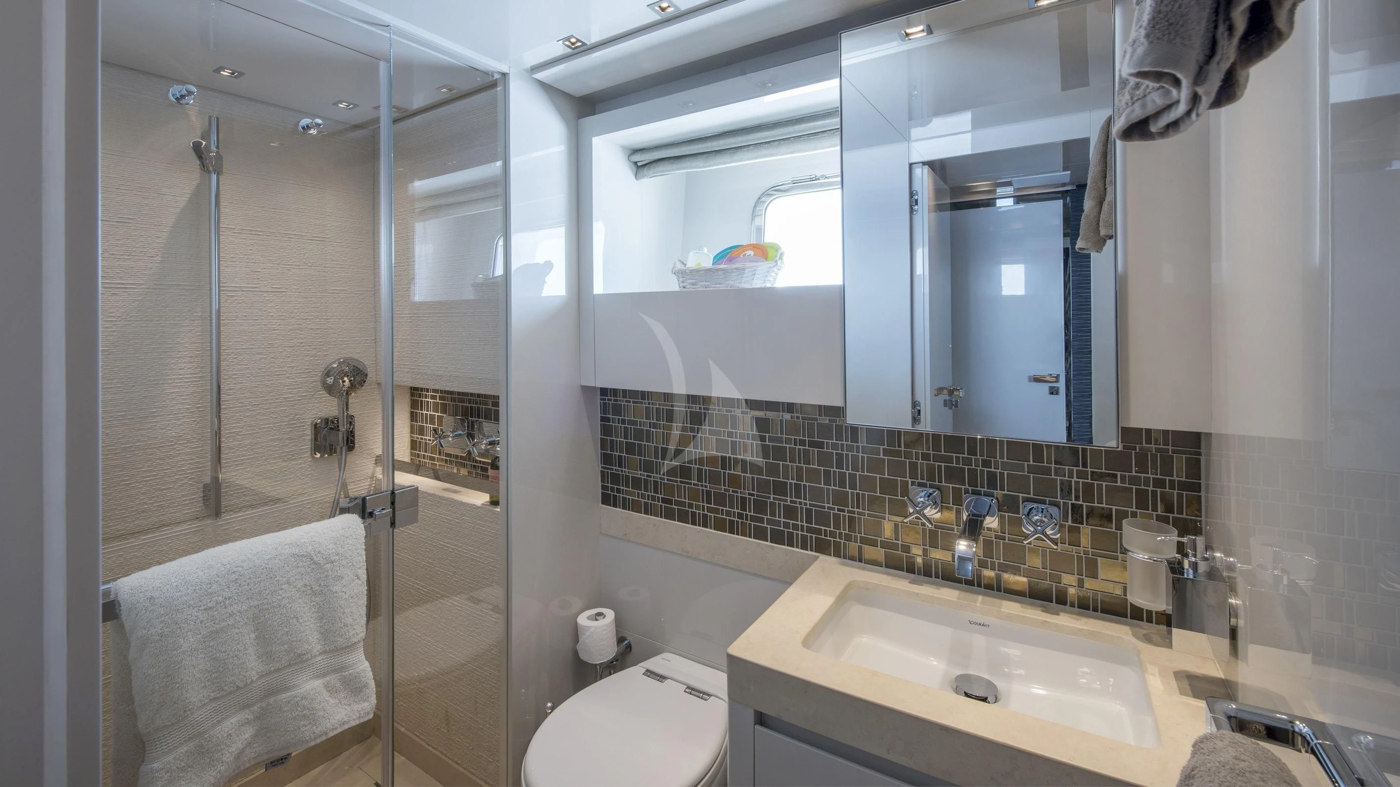 a bathroom with a glass shower aboard DE ZEUS Yacht for Sale