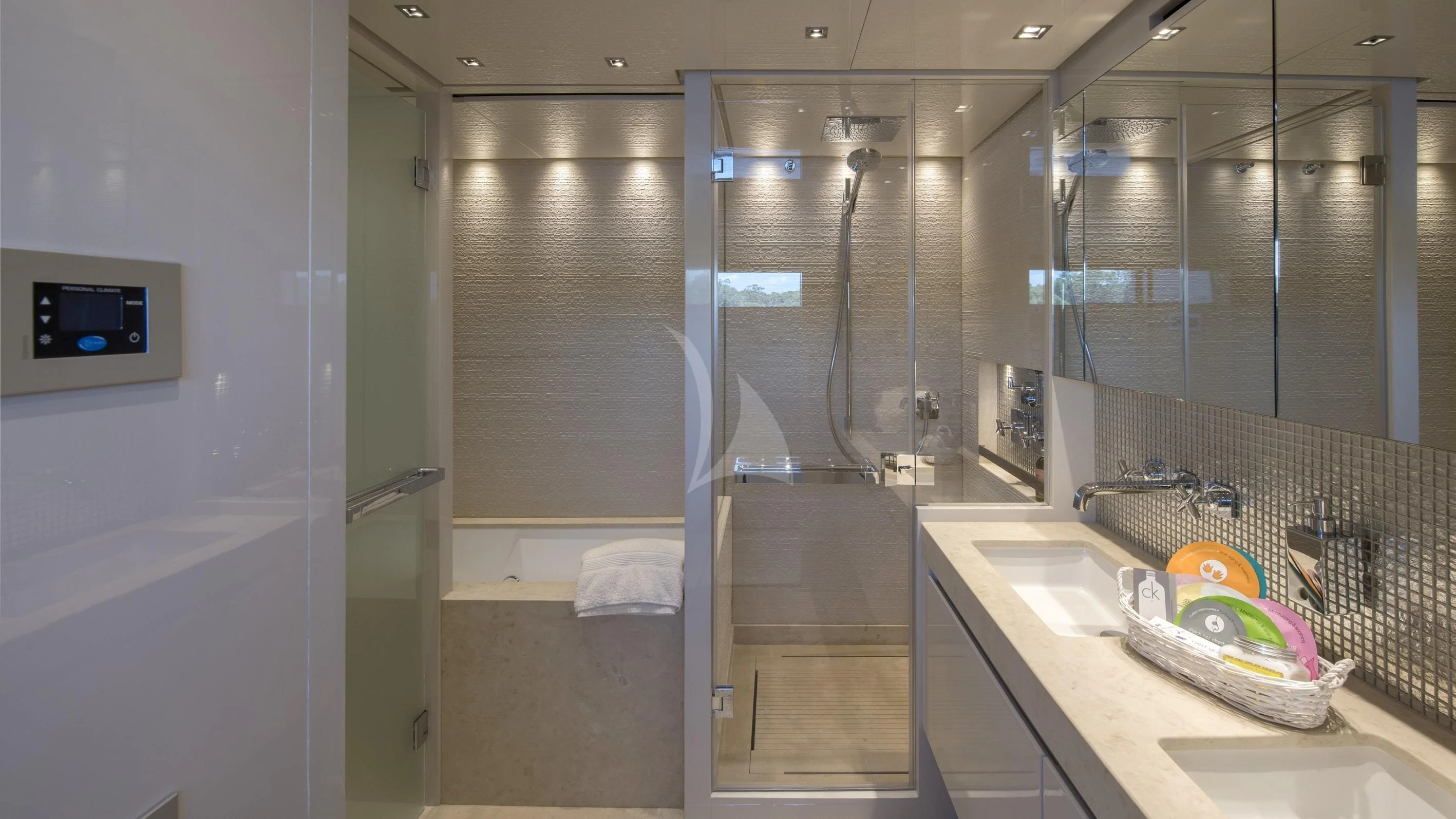 a bathroom with a glass shower aboard DE ZEUS Yacht for Sale