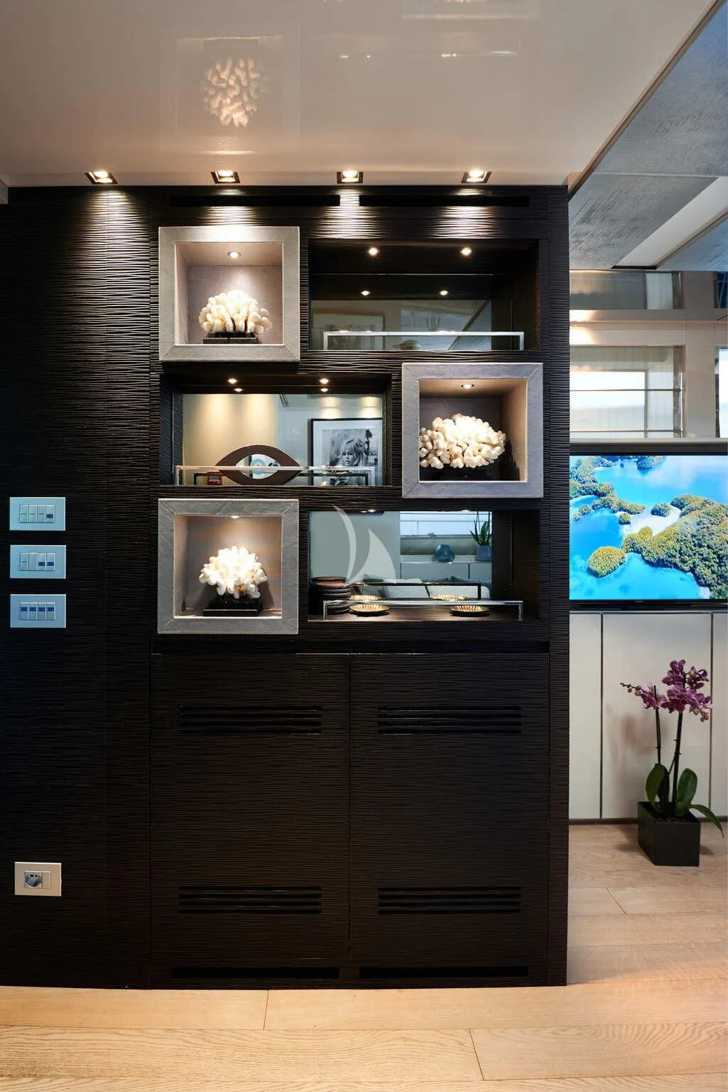 a room with a cabinet and shelves aboard DE ZEUS Yacht for Sale