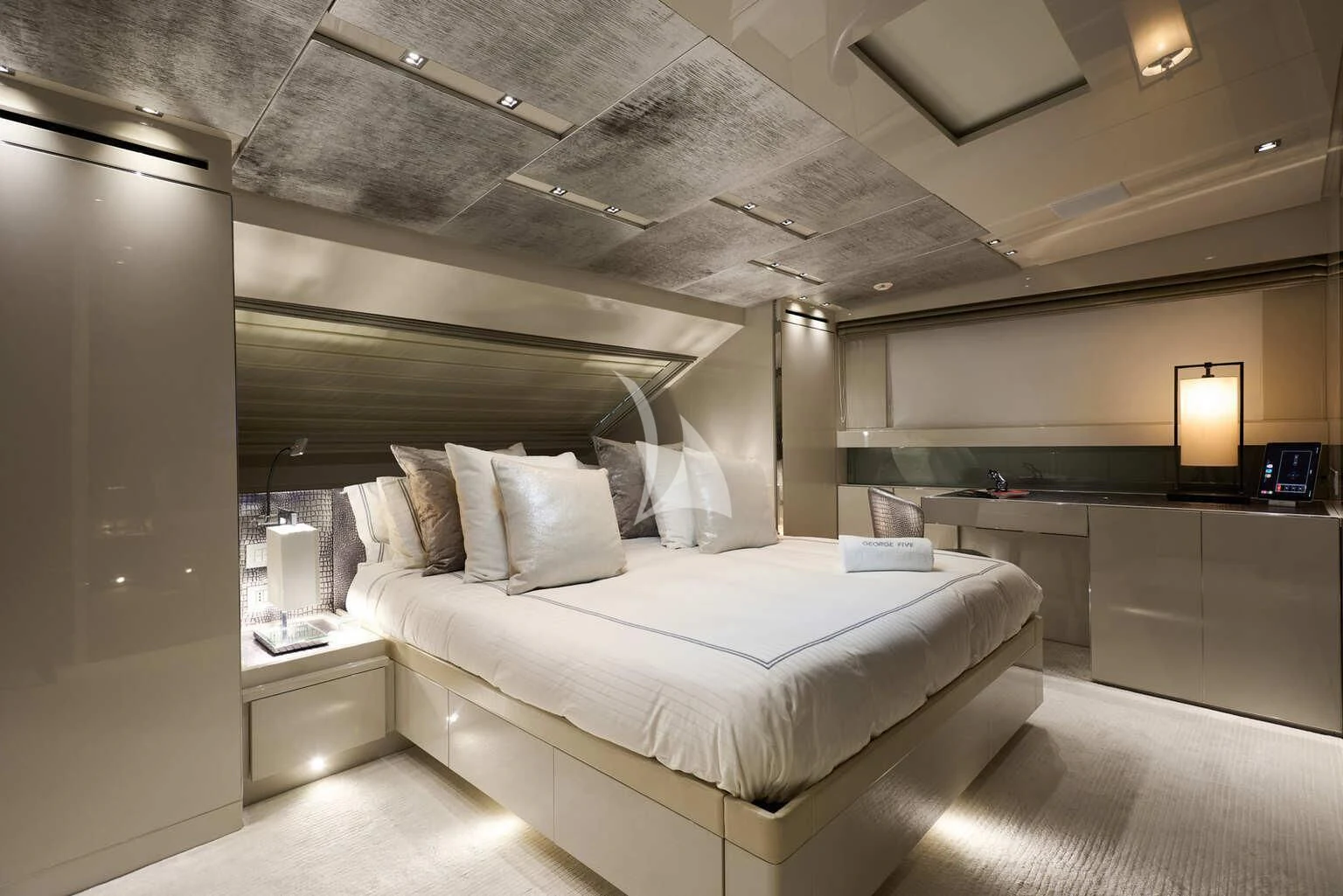 a bed in a room aboard DE ZEUS Yacht for Sale
