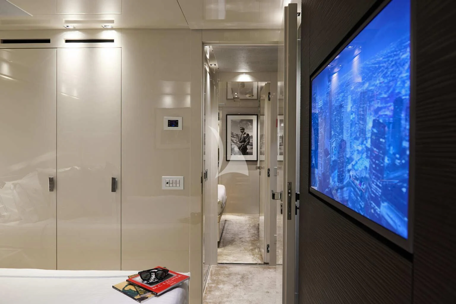 a room with a large glass door aboard DE ZEUS Yacht for Sale