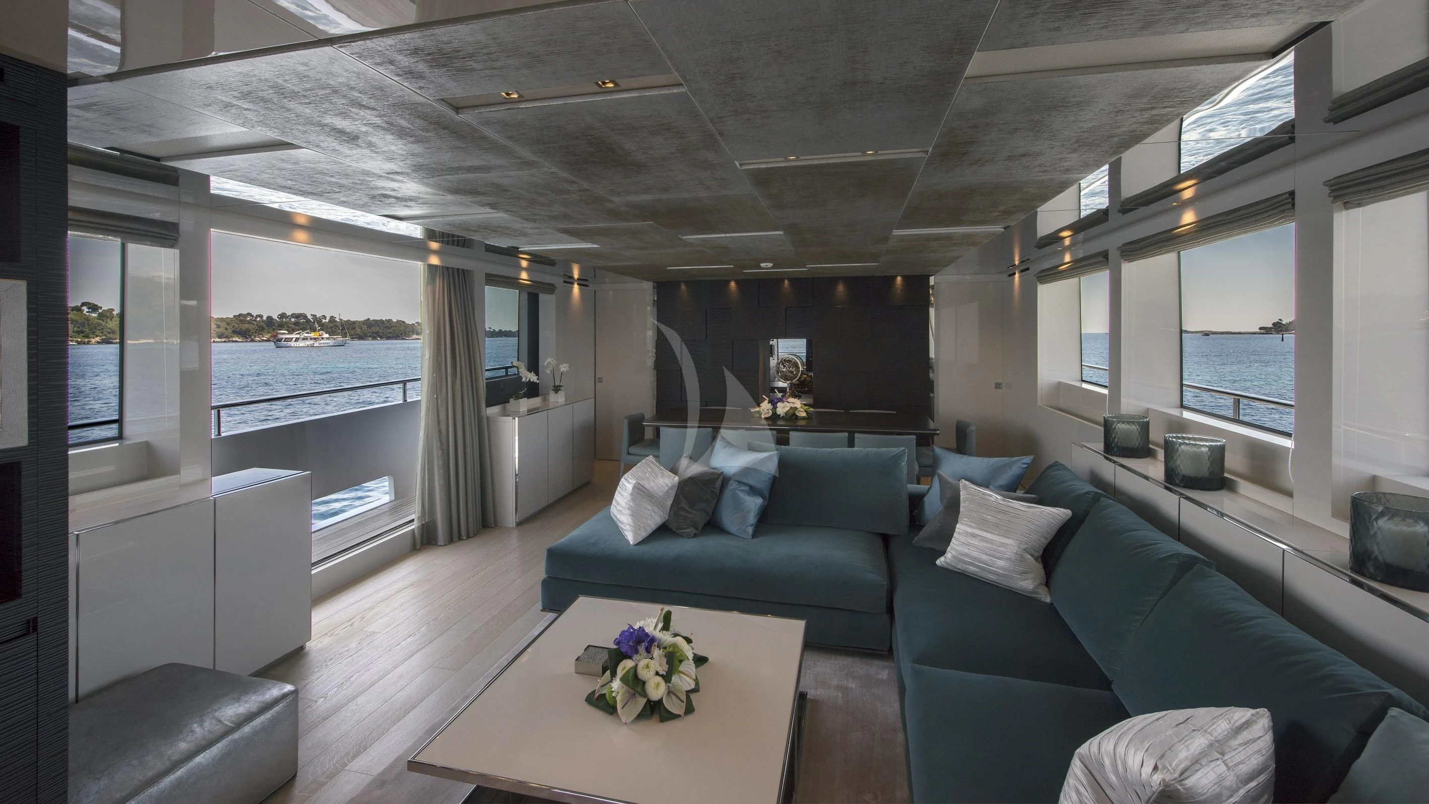 a living room with a large window aboard DE ZEUS Yacht for Sale