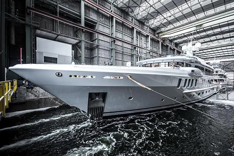 a large white yacht in a large building aboard NENINKA Yacht for Sale