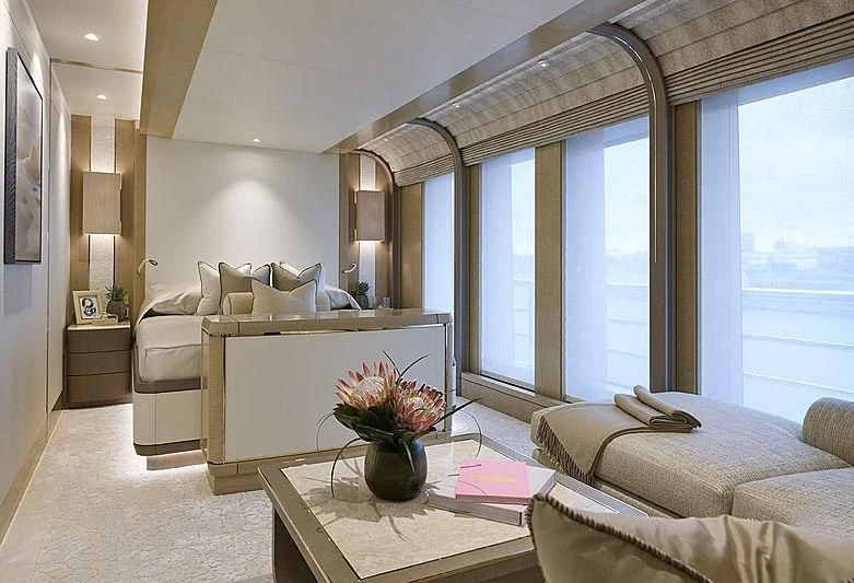 a living room with a large window aboard NENINKA Yacht for Sale