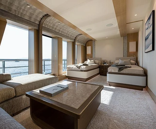 a living room with a large window aboard NENINKA Yacht for Sale