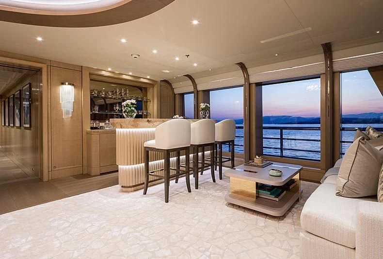a living room with a large window aboard NENINKA Yacht for Sale