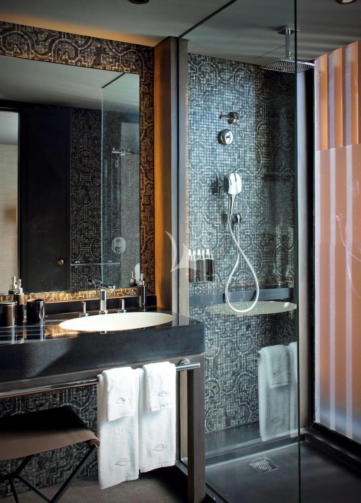 a bathroom with a large mirror aboard AQUA NERA Yacht for Sale
