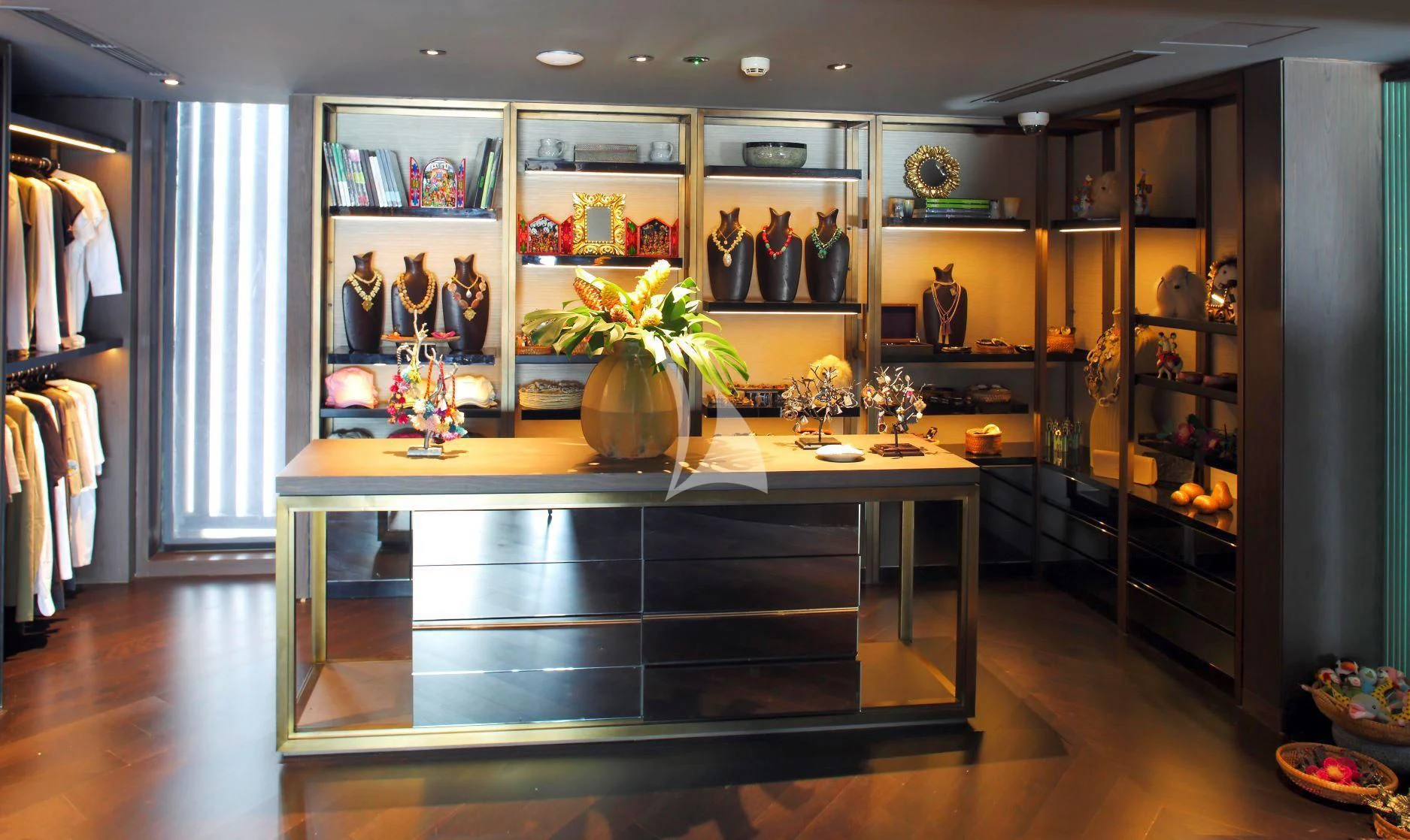 a kitchen with a large island aboard AQUA NERA Yacht for Sale