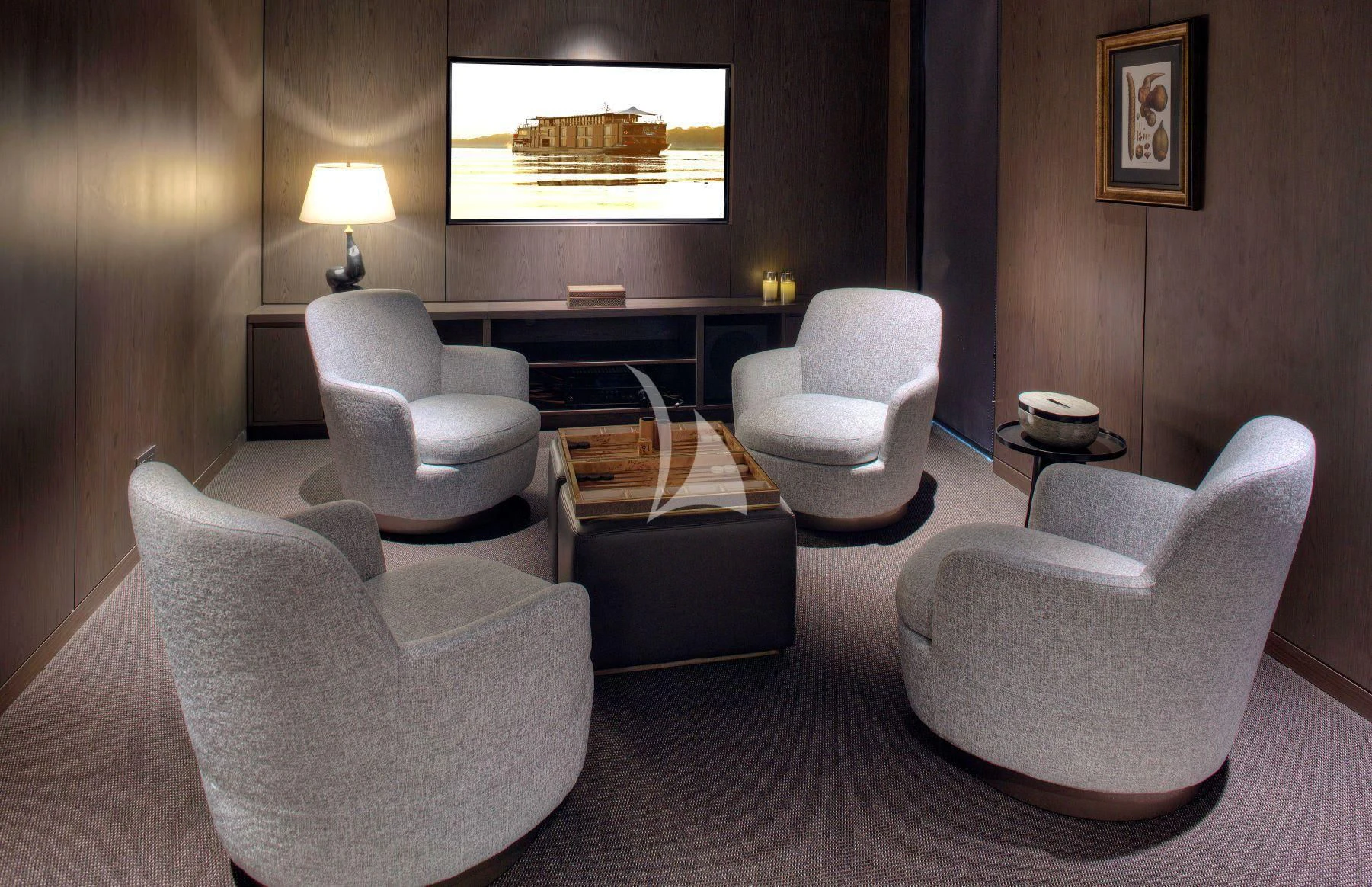 a room with a couch and a television aboard AQUA NERA Yacht for Sale