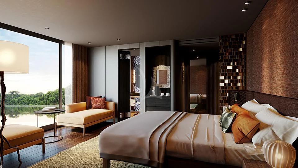 a hotel room with a bed and a chair aboard AQUA NERA Yacht for Sale