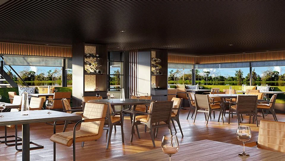 a room with tables and chairs aboard AQUA NERA Yacht for Sale