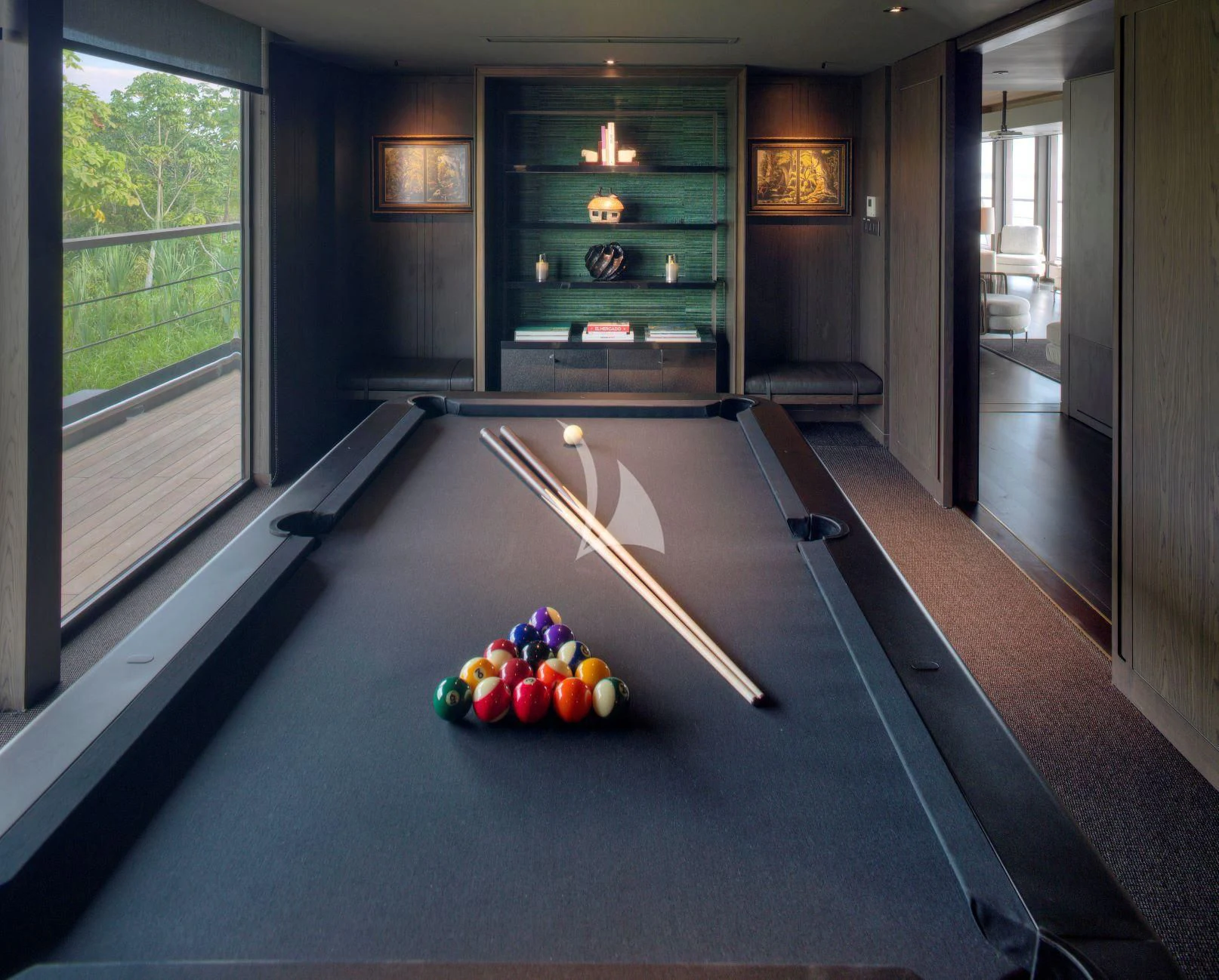 a pool table with balls on it aboard AQUA NERA Yacht for Sale