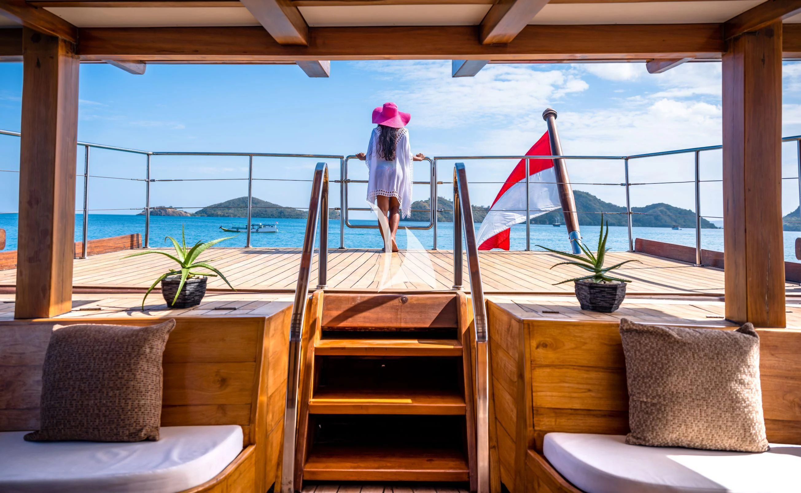 a person standing on a deck overlooking the ocean aboard LAMIMA Yacht for Sale