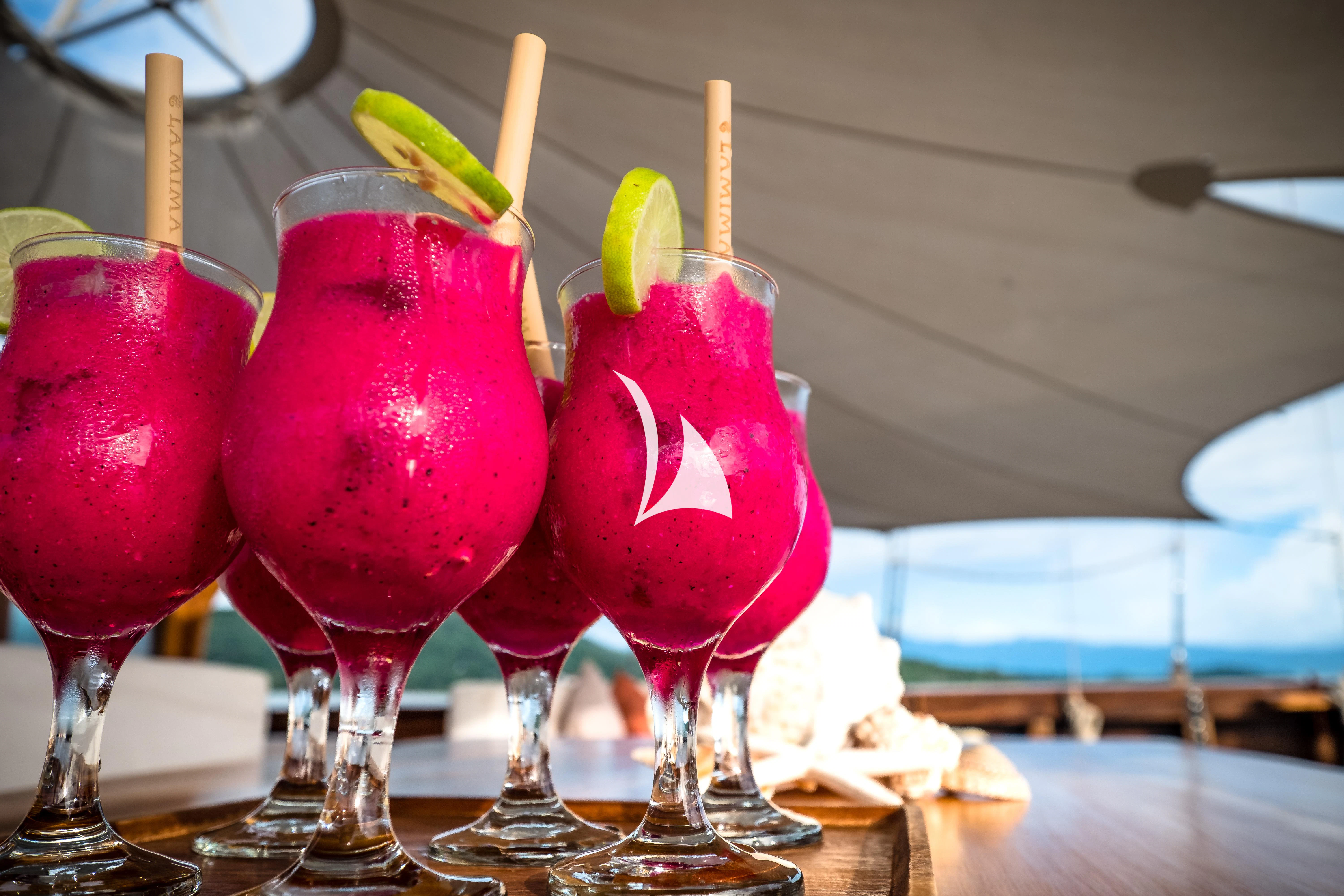 a row of pink drinks aboard LAMIMA Yacht for Sale