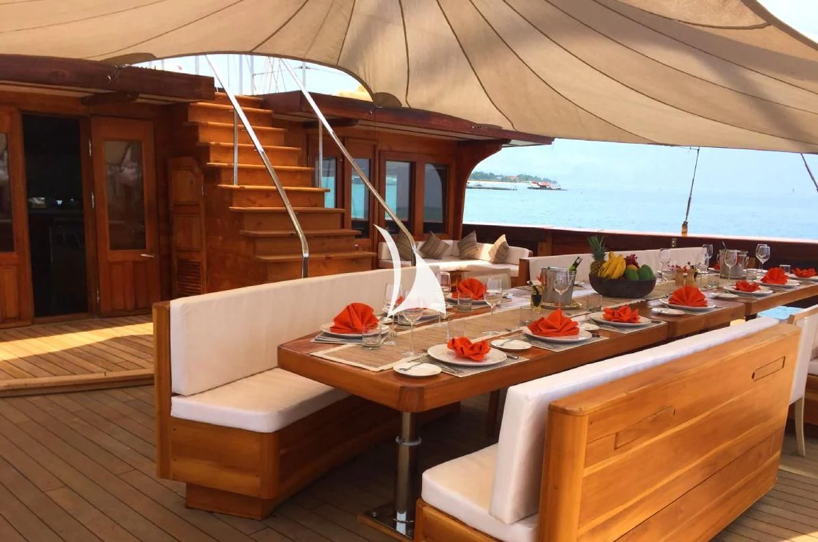 a table with food on it aboard LAMIMA Yacht for Sale