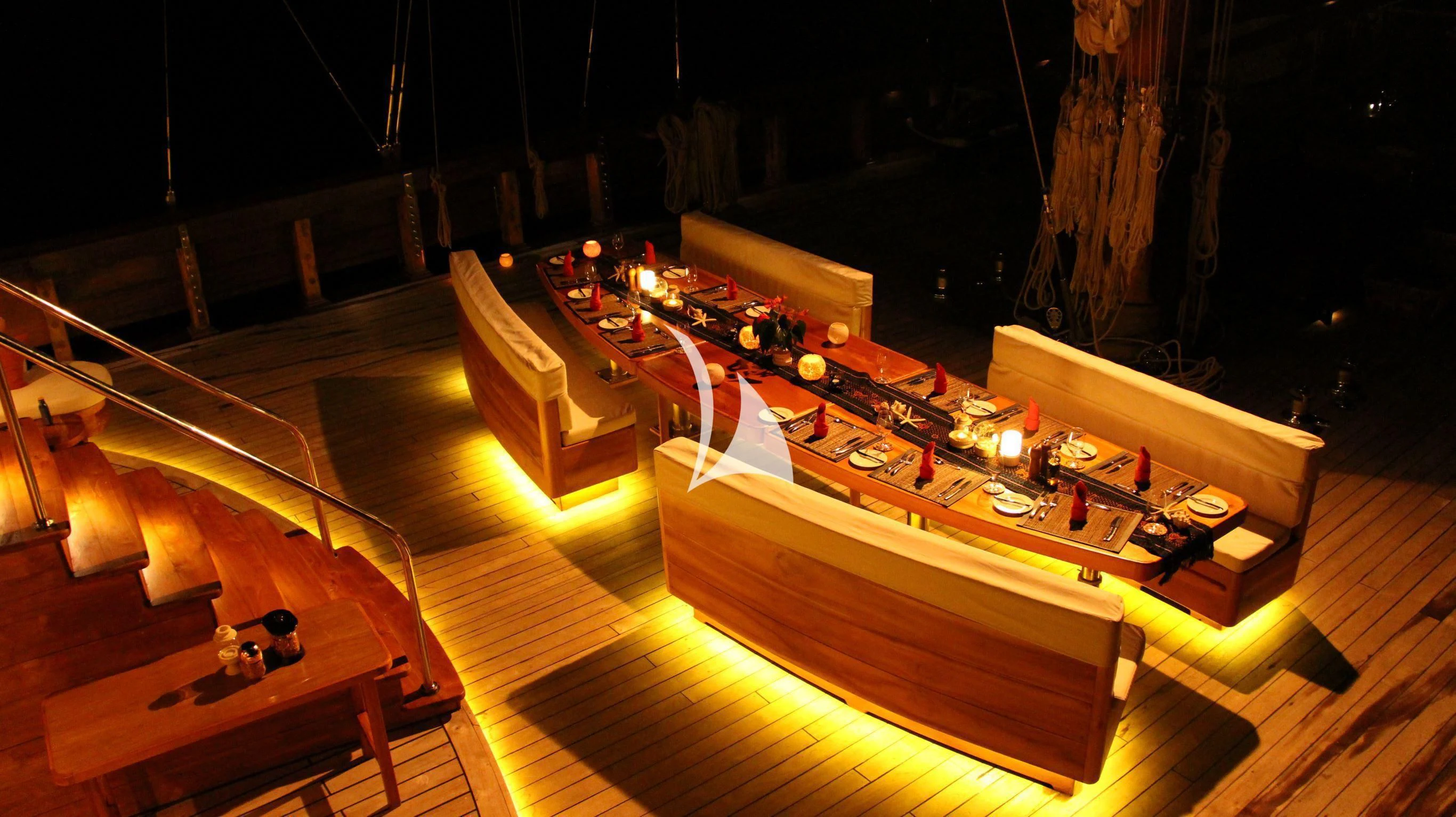 a room with a large wooden model of a boat on it aboard LAMIMA Yacht for Sale