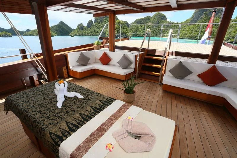 a cat on a rug on a table in a room with a large window and a view of aboard LAMIMA Yacht for Sale