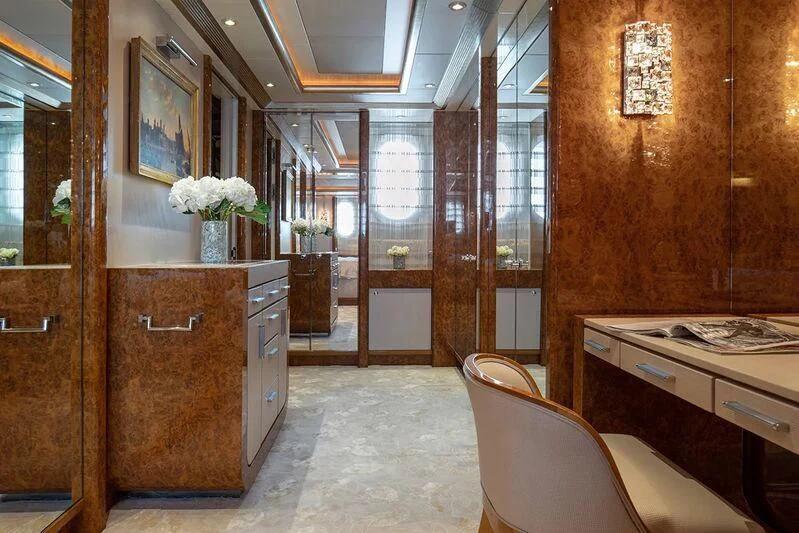 a room with a desk and chairs aboard ALFA G Yacht for Sale