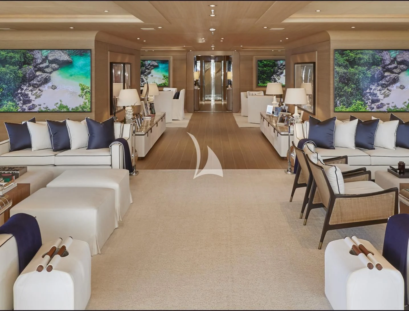 a living room with a large open door aboard IJE Yacht for Sale