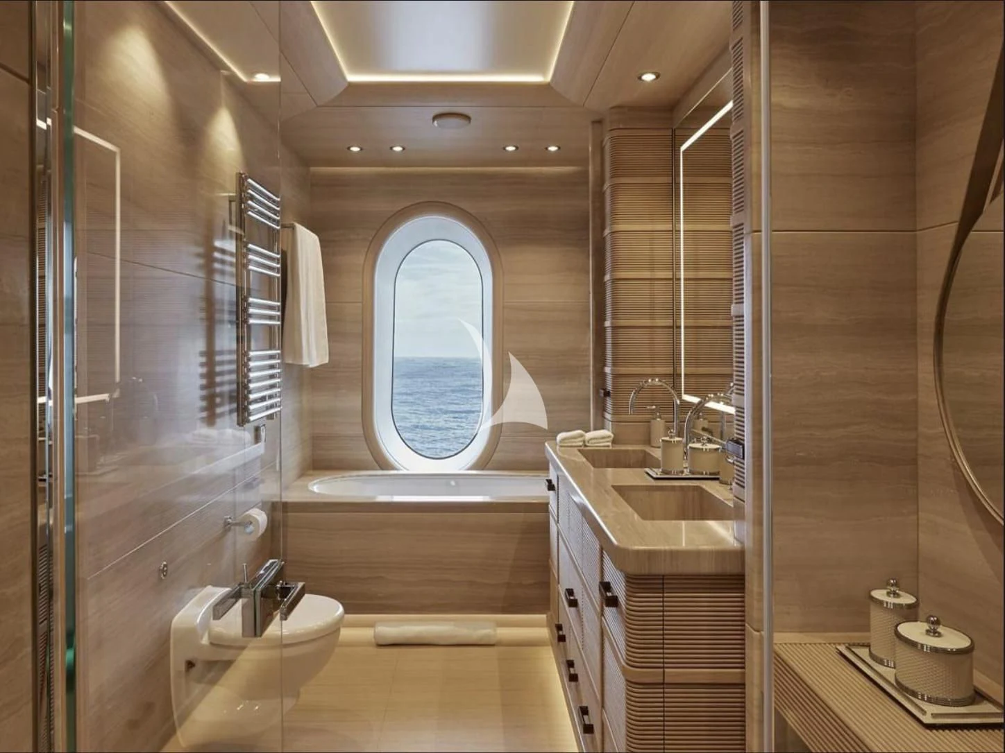 a bathroom with a large window aboard IJE Yacht for Sale