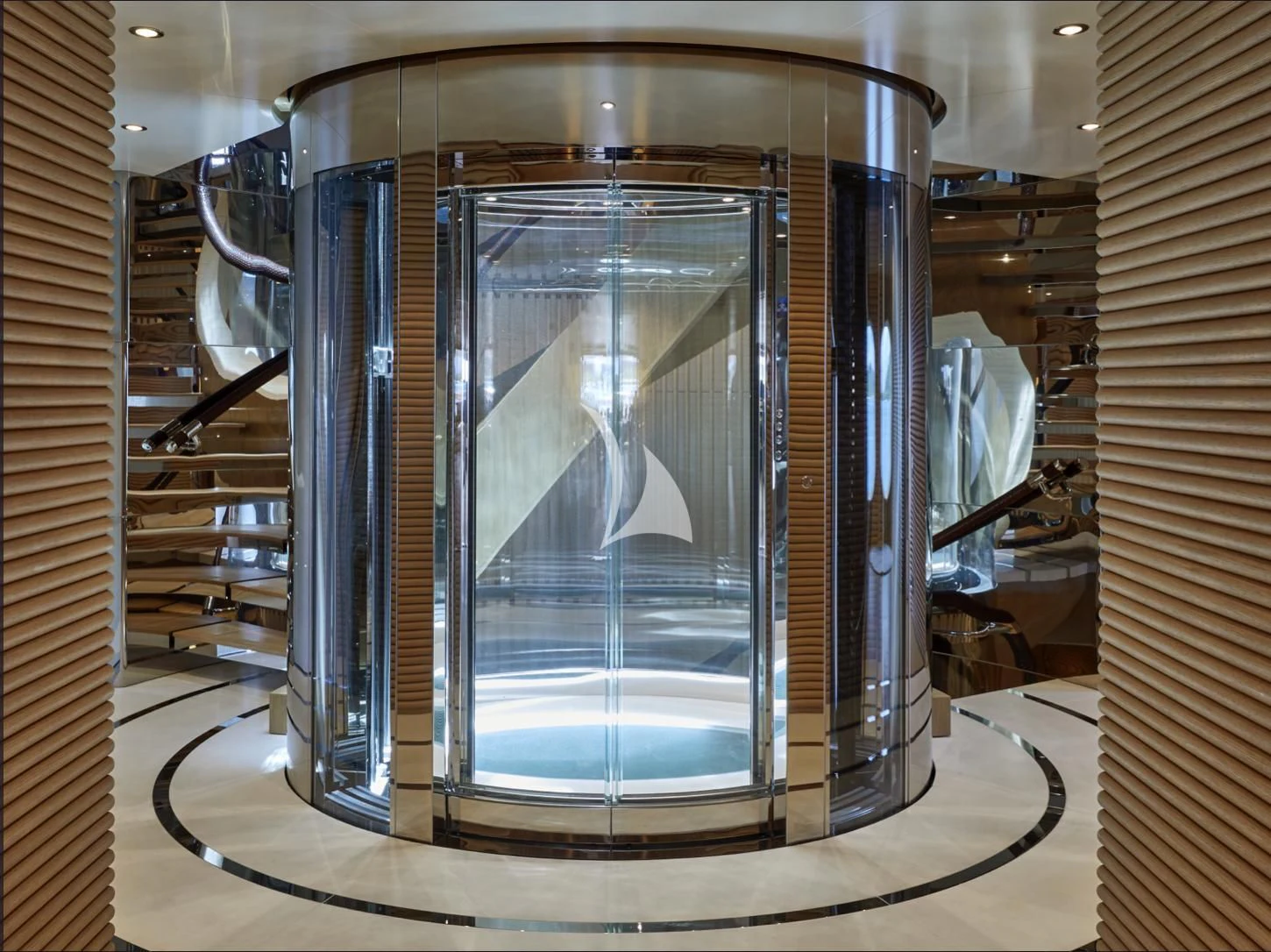 a glass door with a glass window aboard IJE Yacht for Sale