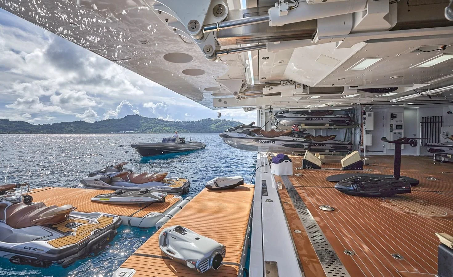 a boat on a deck aboard IJE Yacht for Sale