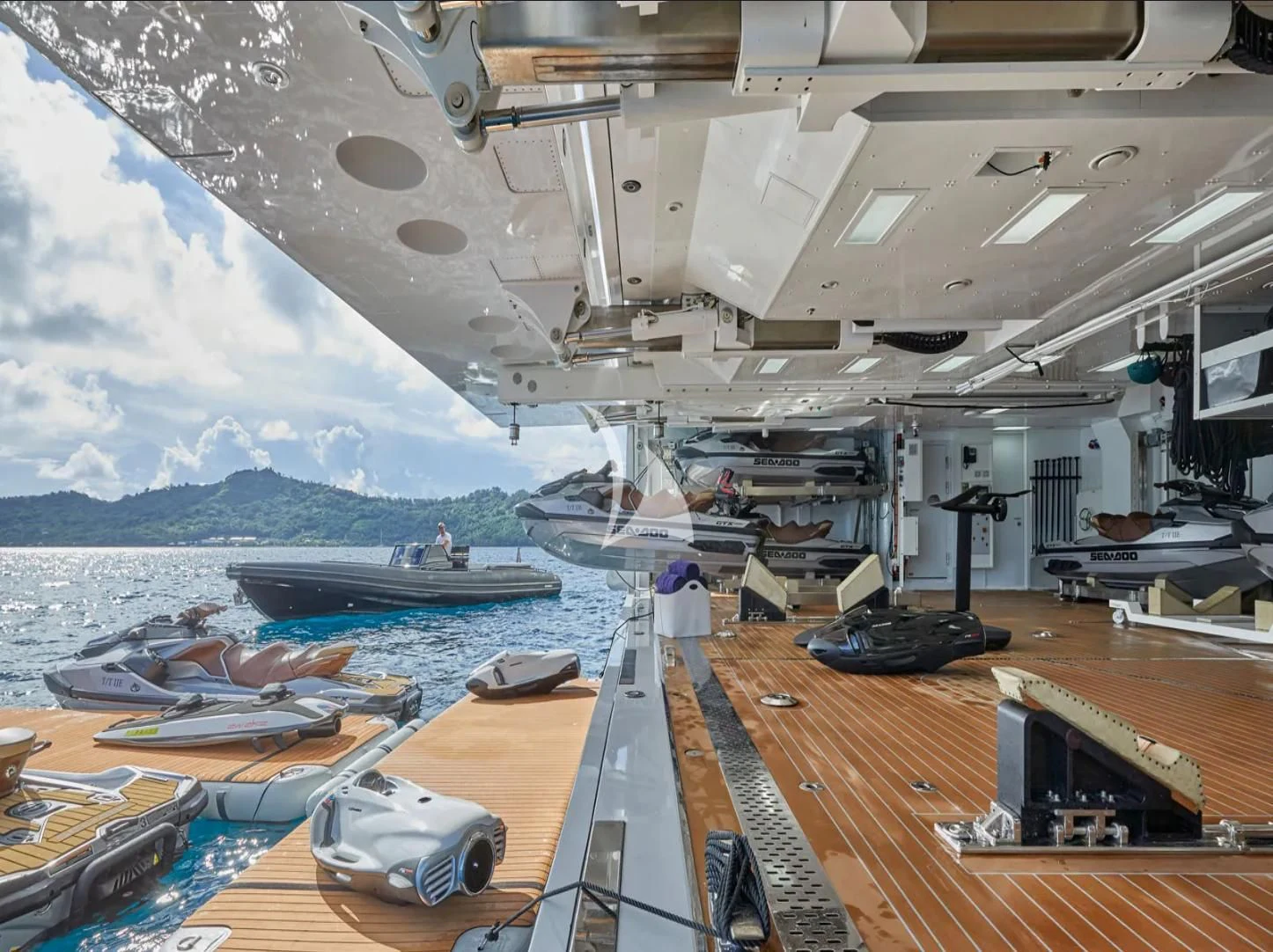 a boat docked at a pier aboard IJE Yacht for Sale