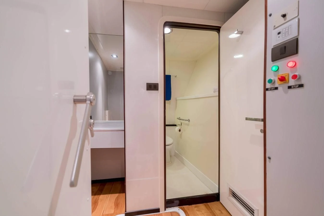 a bathroom with a shower and sink aboard PHATSARA Yacht for Sale