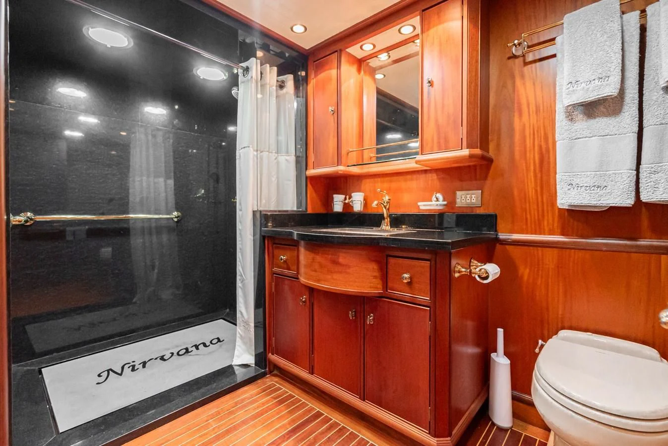 a bathroom with a sink and a toilet aboard NIRVANA Yacht for Sale