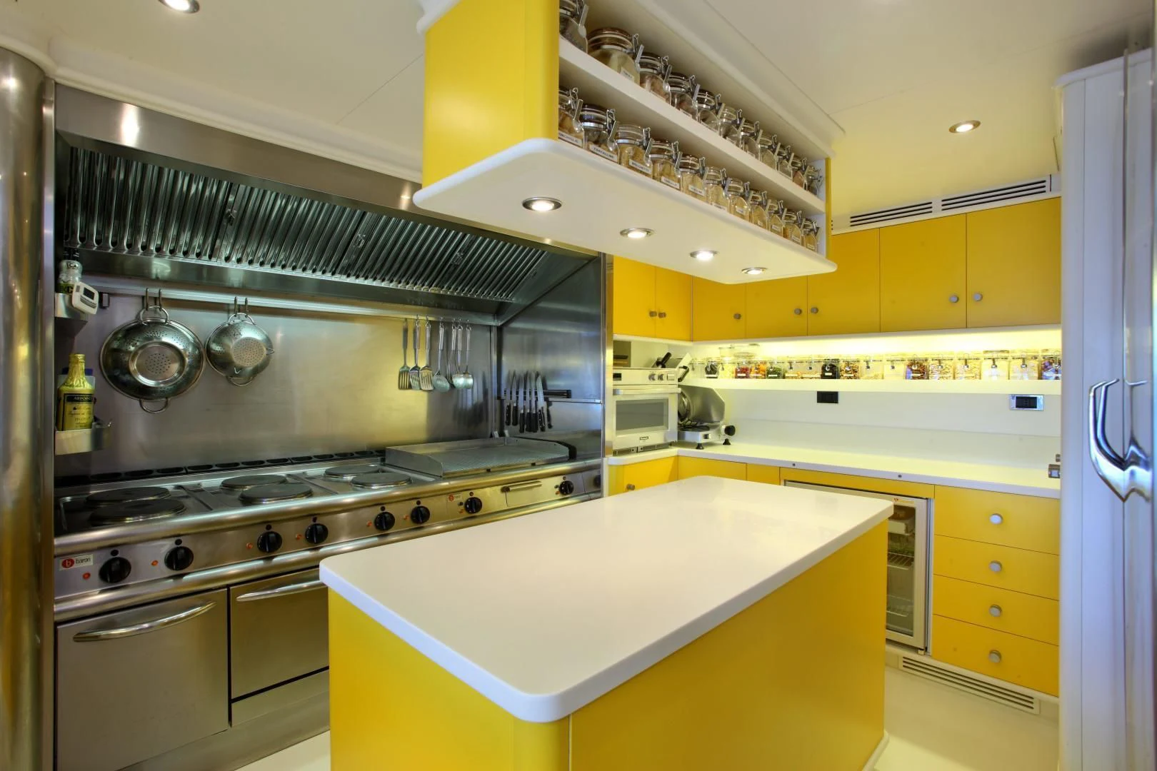 a kitchen with stainless steel appliances aboard AQUA MARE Yacht for Sale
