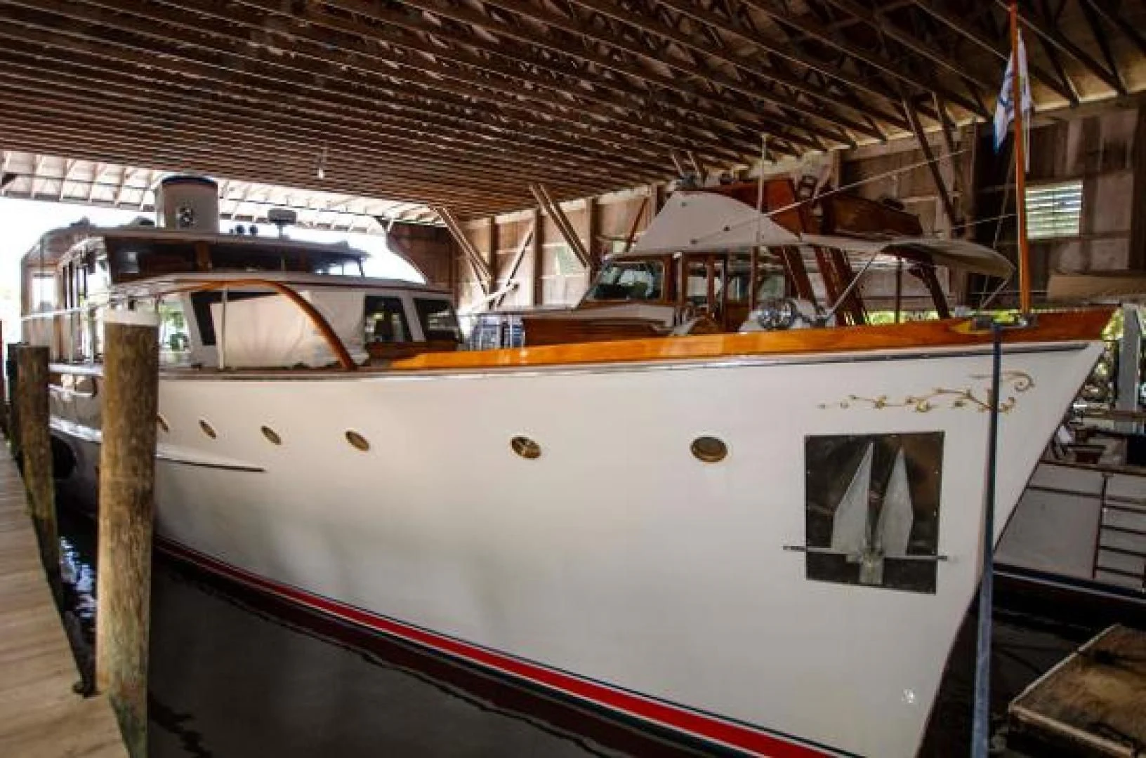 a boat in a building aboard LIBERTY LOVE Yacht for Sale