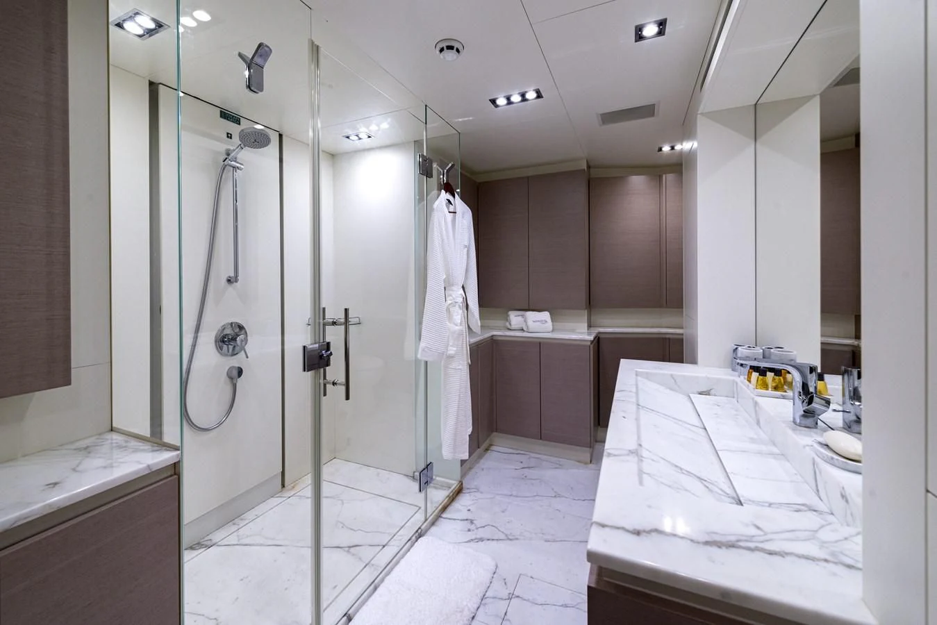 a bathroom with a shower unit and sink aboard MANATEA Yacht for Sale